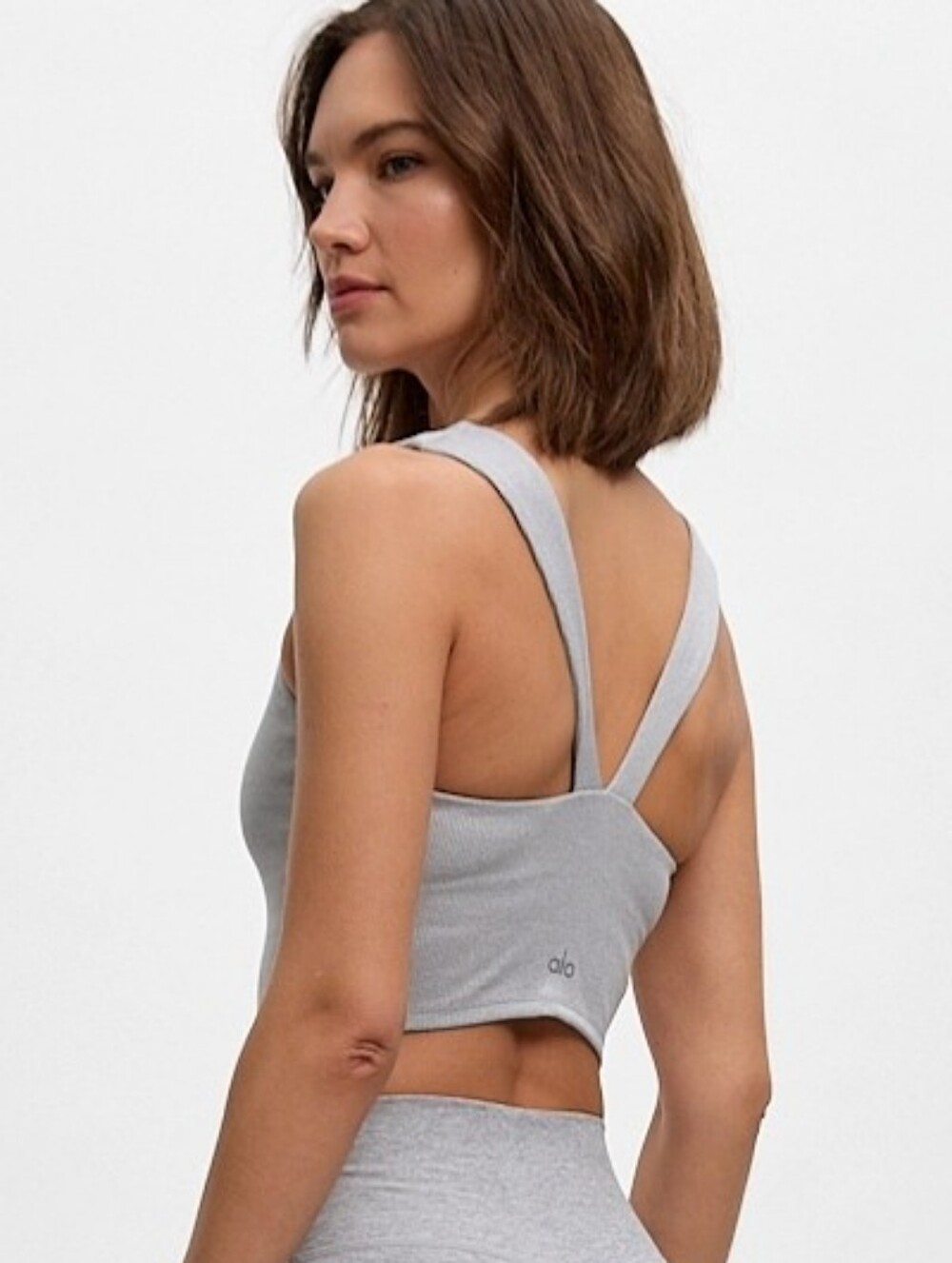 Alo Women's Light Gray Ribbed Cropped Tank Bra XS